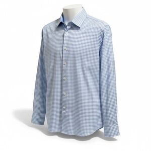 DUCHAMP ✘ Slim Fit Blue White Check Stretch Cotton Button Down Shirt, 17 XL